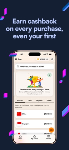 The Airalo eSIM app in English - searching for a destination shows a China data plan from USD 4.00, bought online before you fly