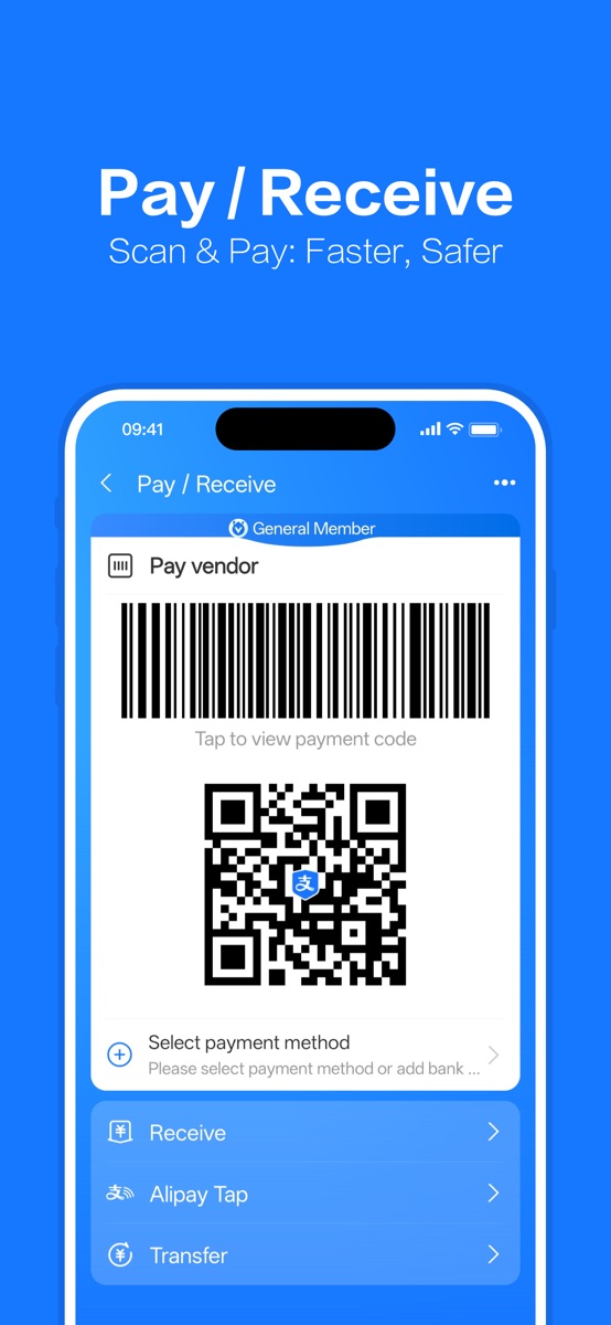 Alipay's Pay/Receive screen — show your QR code to the cashier, or tap Scan to read a merchant's code