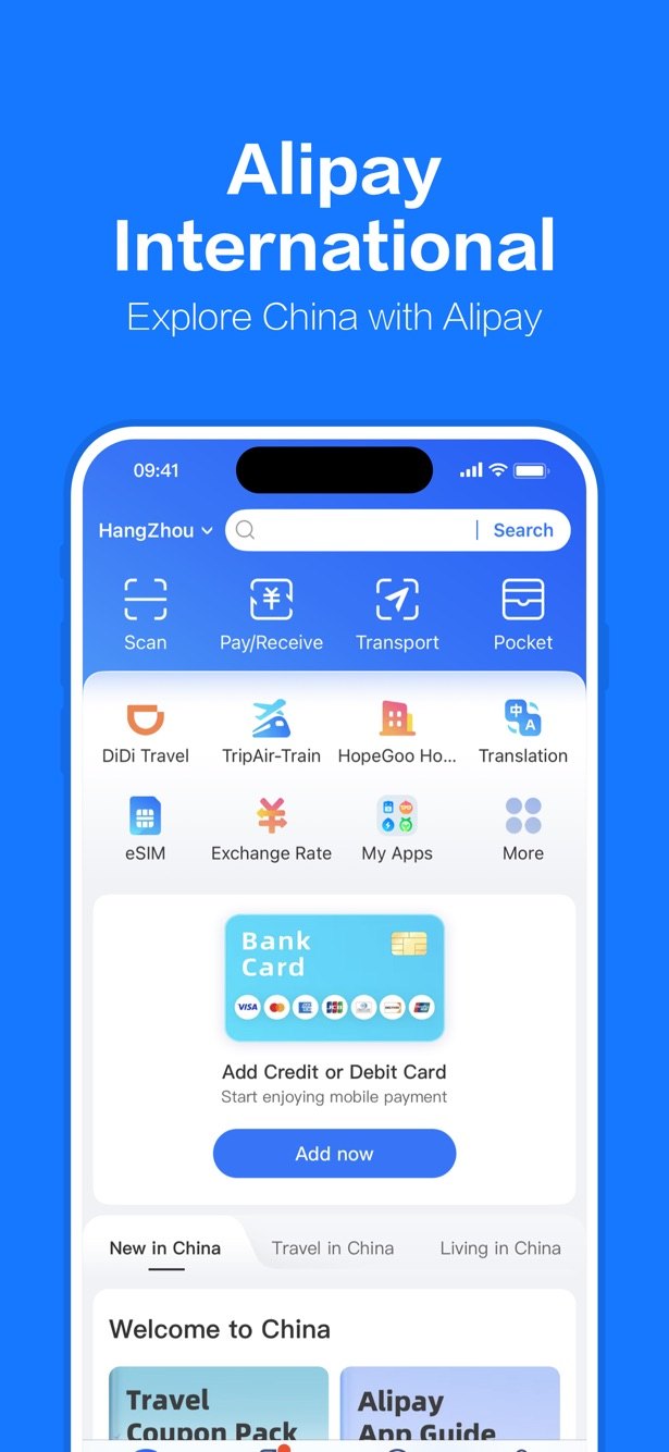 Alipay's English home screen — tap the Bank Card section to add your Visa or Mastercard