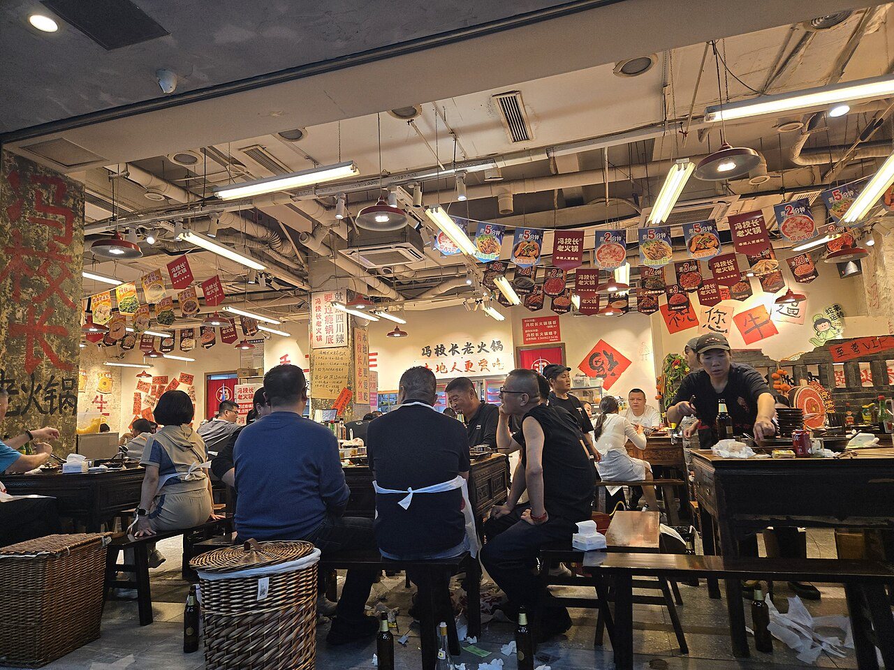 A hot pot restaurant in Chengdu - tipping is not expected in China; some restaurants add a 10% service charge instead