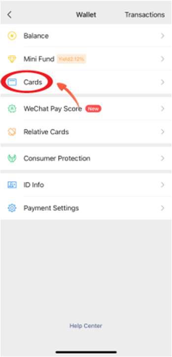 WeChat's English Weixin Pay Wallet screen showing transactions, balance, cards and payment settings