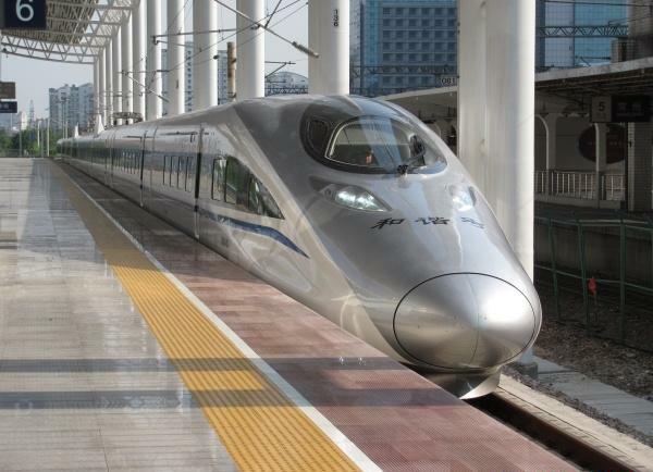 A CRH380A Hexie train with its long pointed nose at a station in Changzhou — an older workhorse of the Chinese high-speed fleet