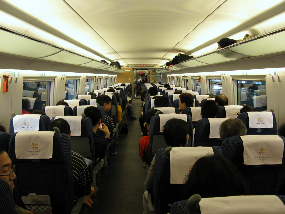 Second class seats on a CRH3C train — comfortable standard seats in a 3+2 layout, the everyday choice